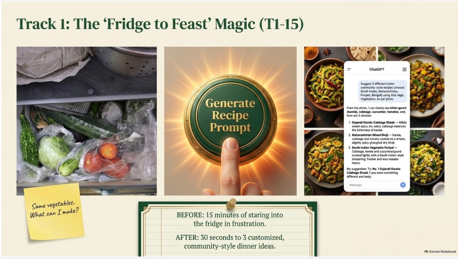Track 1 exercise showing how a fridge photo becomes recipe ideas