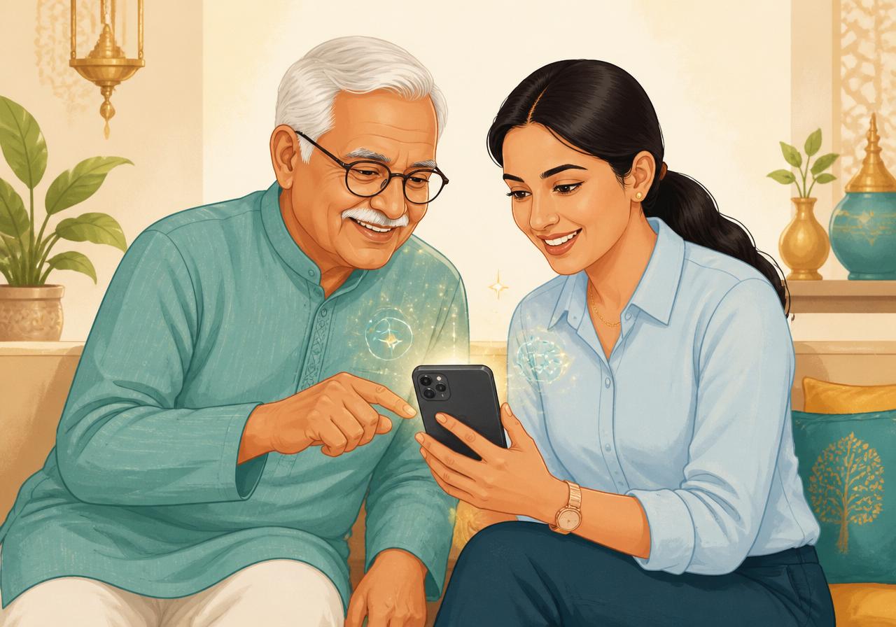 A senior and a young professional exploring AI together on a phone