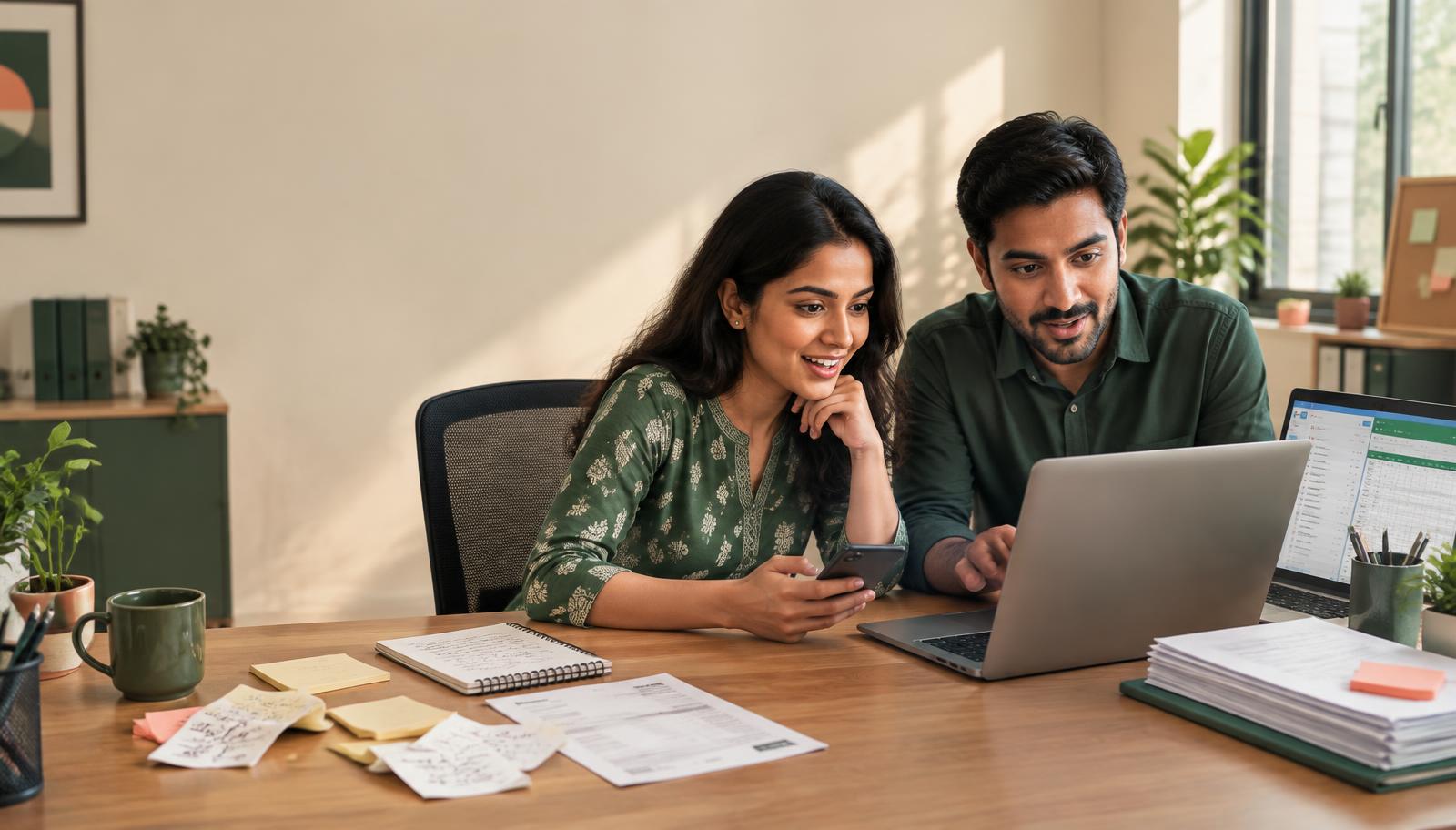 Young Indian woman and man working through an office task together on a laptop and phone