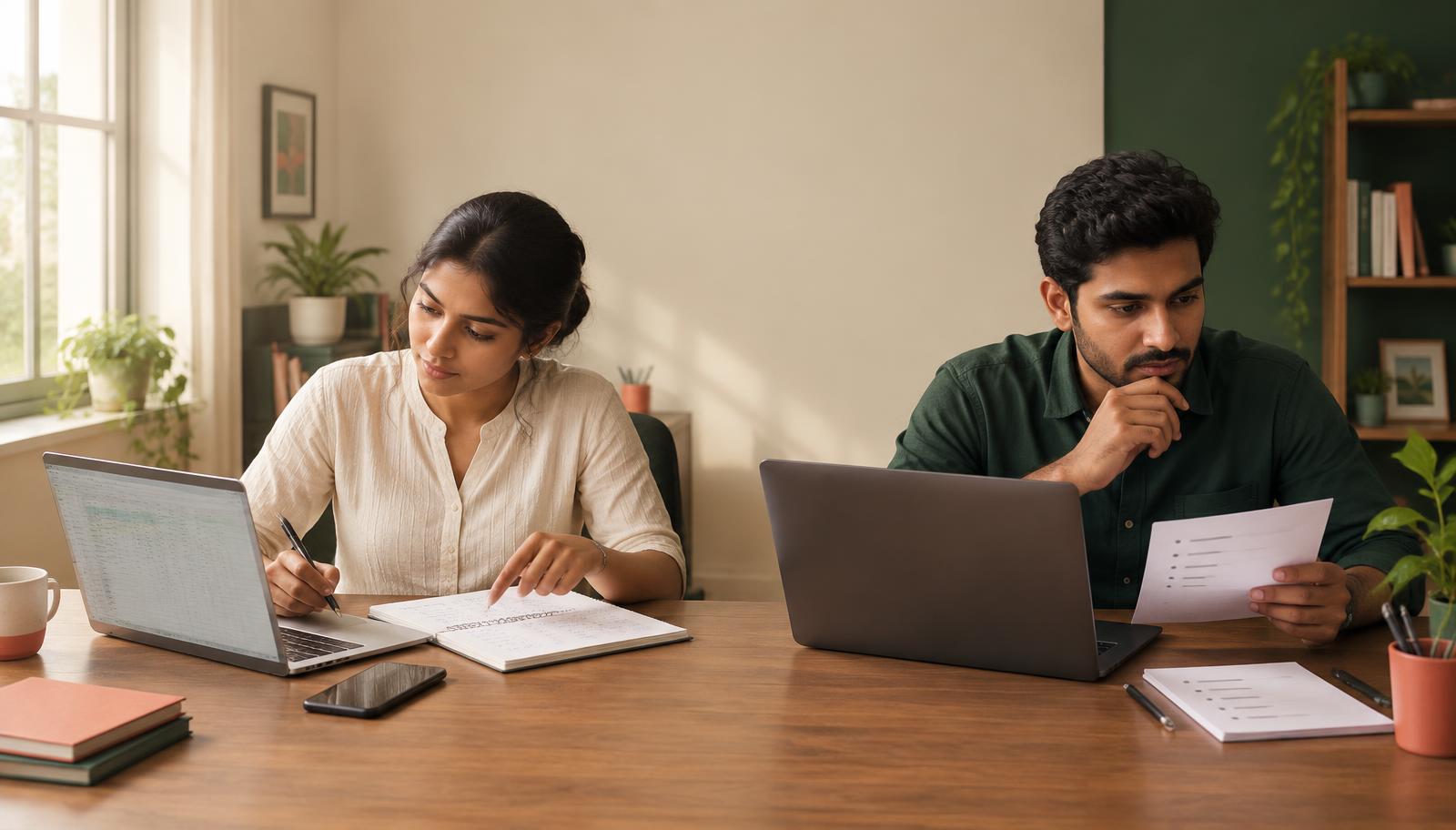 Young woman and man checking AI results against their own notes