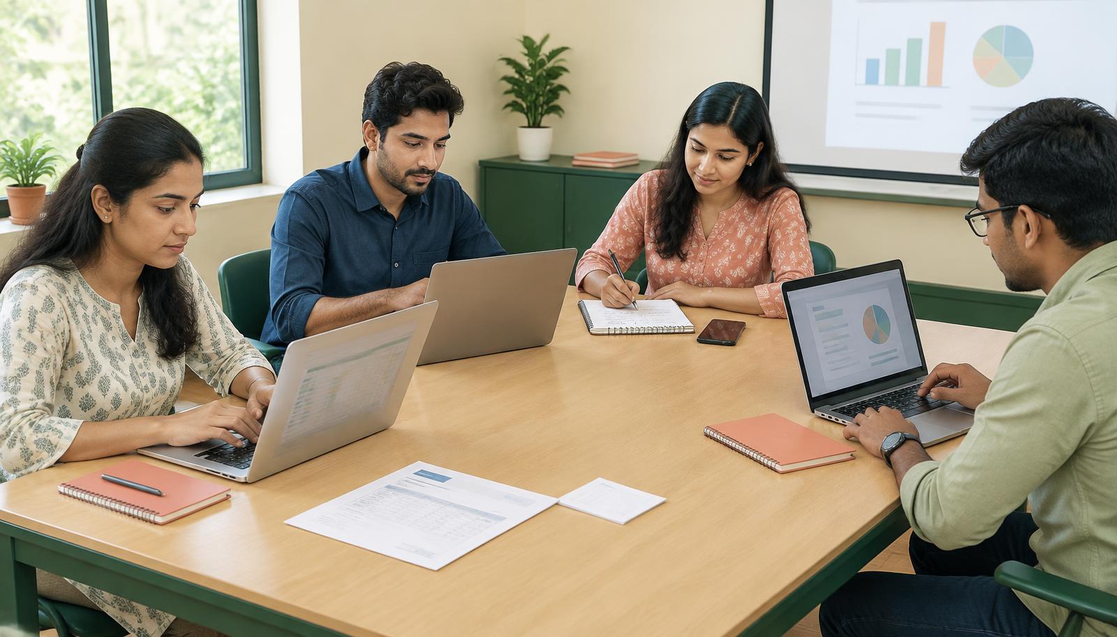Four young Indian professionals practising spreadsheets, emails, notes and presentations at one table