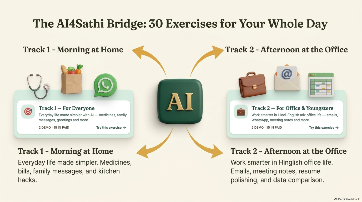 AI4Sathi whole-day exercise overview connecting Track 1 for everyone with Track 2 for office staff